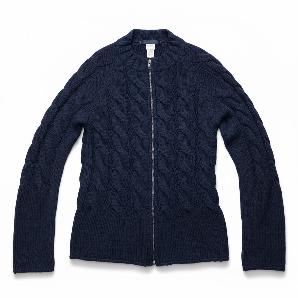 Rare Les Copains BVM Navy blue cable knit zip up sweater Size 42
Like New